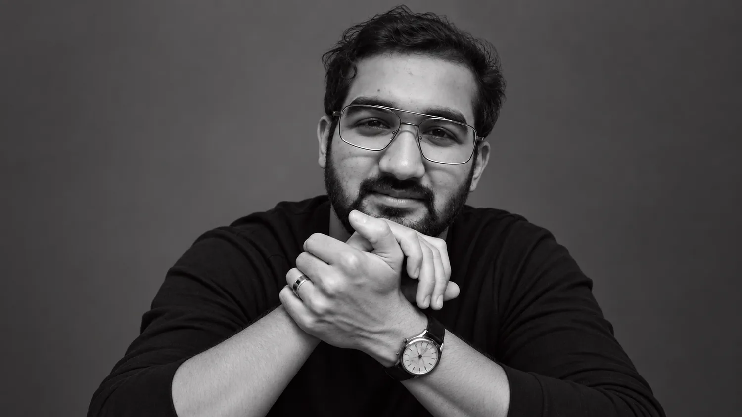 Black-and-white portrait of Harshit Saini